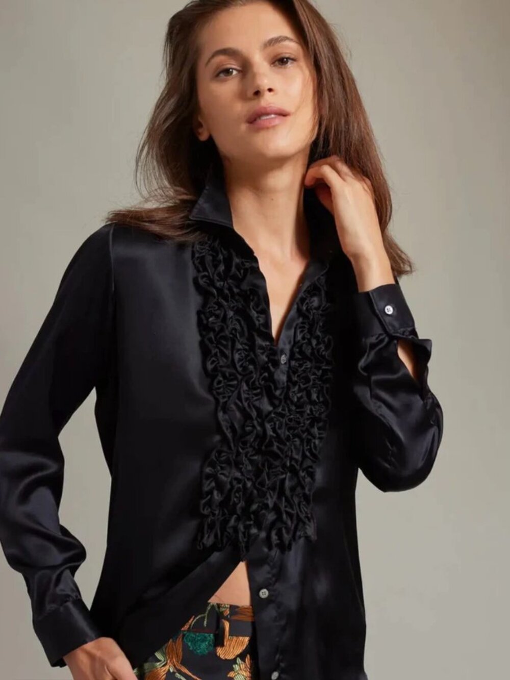 L'AGENCE Black Satin Ruffle Front Long Sleeve Blouse Top Size S